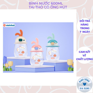 Bình nước 600ml hình tai thỏ có ống hút, Bình nước cho bé đi học tặng kèm dây đeo siêu chắc Hokori
