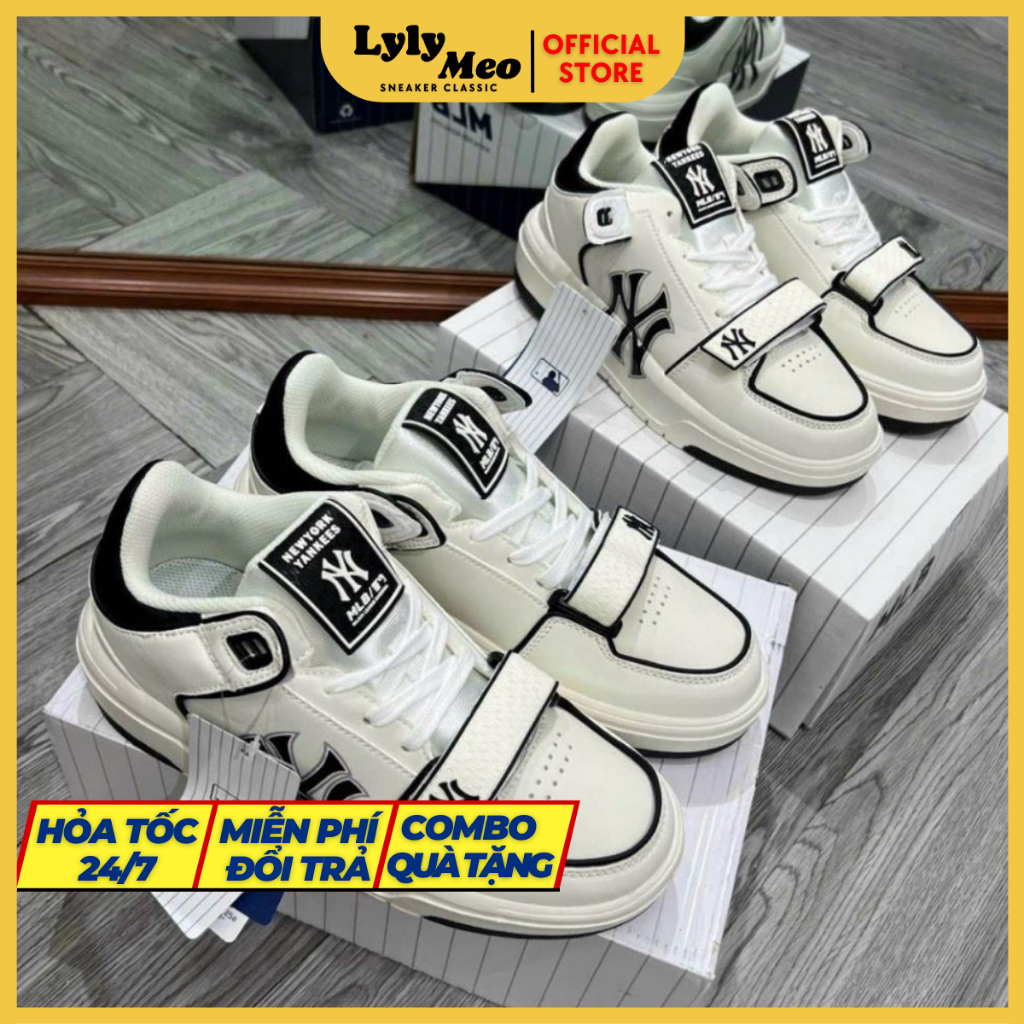 Giày Thể Thao MLB Chunky Liner New York Đen Trắng in chữ NY đen bản dán , giày LINER NY Đen trắng202
