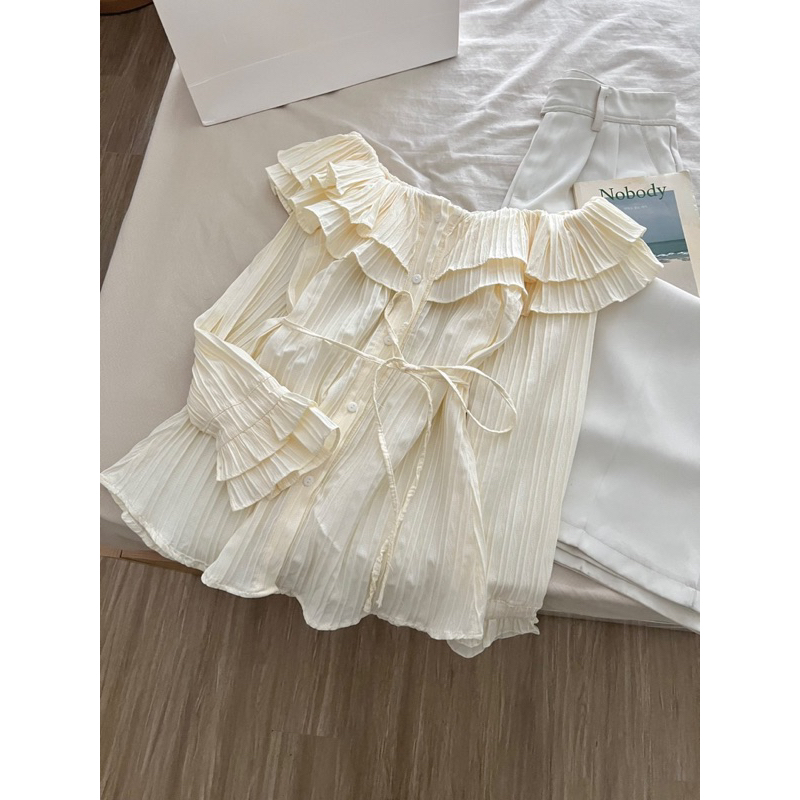 Áo trễ vai bèo tầng tay ngắn chất đũi gân Mai Anh Clothing