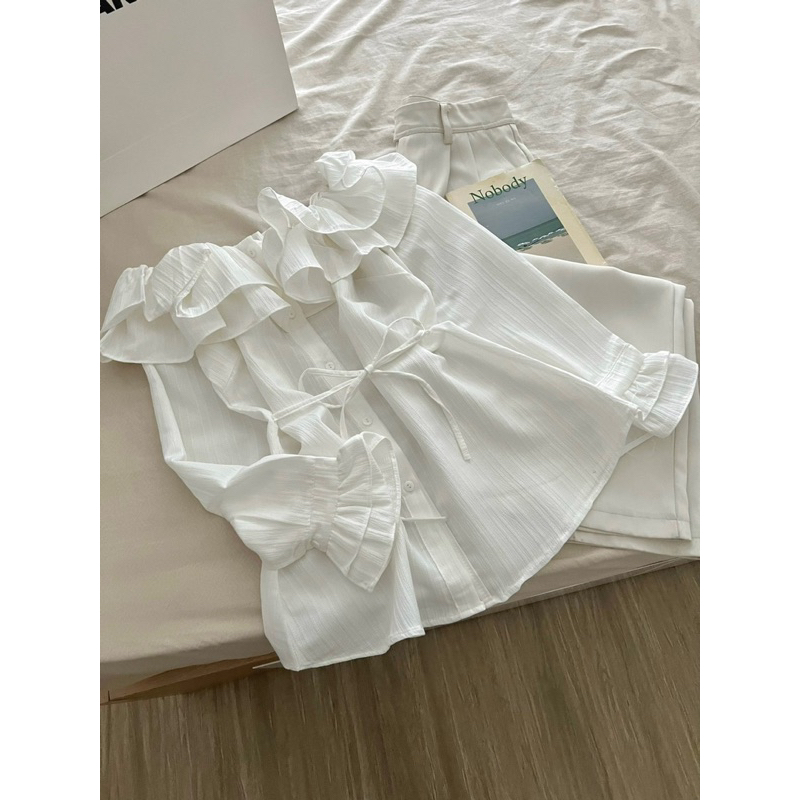 Áo trễ vai bèo tầng tay ngắn chất đũi gân Mai Anh Clothing