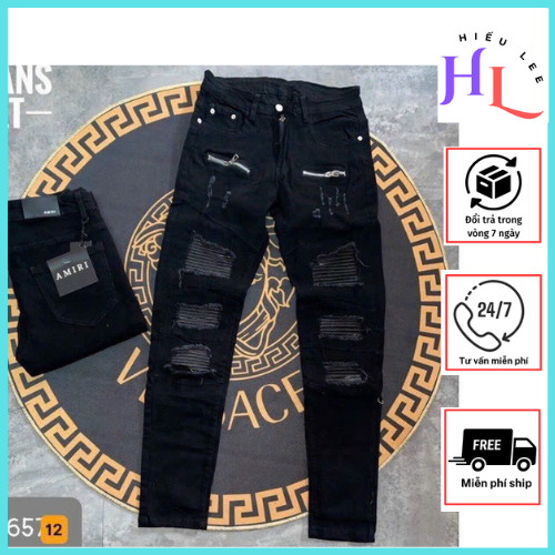 Quần jeans nam cao cấp rách có vá da cực chất co dãn nhẹ thoải mái có phối khóa
