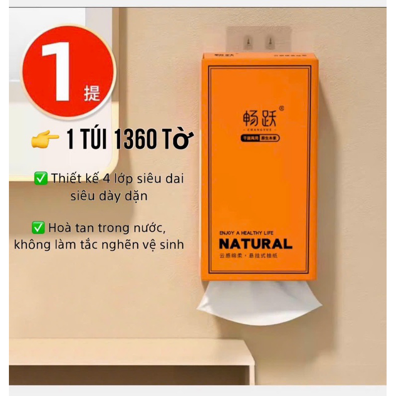 Túi giấy treo tường 1280 tờ ( MAU CAM) tiện nội địa Trung cao cấp, giấy vệ sinh treo tường 4 lớp bằng bột gỗ