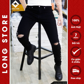 Quần jean nam đen trơn rách gối cao cấp LONGARES ống đứng dáng ôm skinny chất bò co giãn cực đẹp 9078