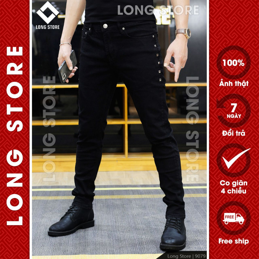 Quần jean nam đen trơn đính đinh tán LONGARES cao cấp ống đứng dáng ôm skinny chất bò đẹp co giãn 9079