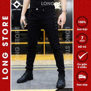 Quần jean nam đen trơn đính đinh tán LONGARES cao cấp ống đứng dáng ôm skinny chất bò đẹp co giãn 9079