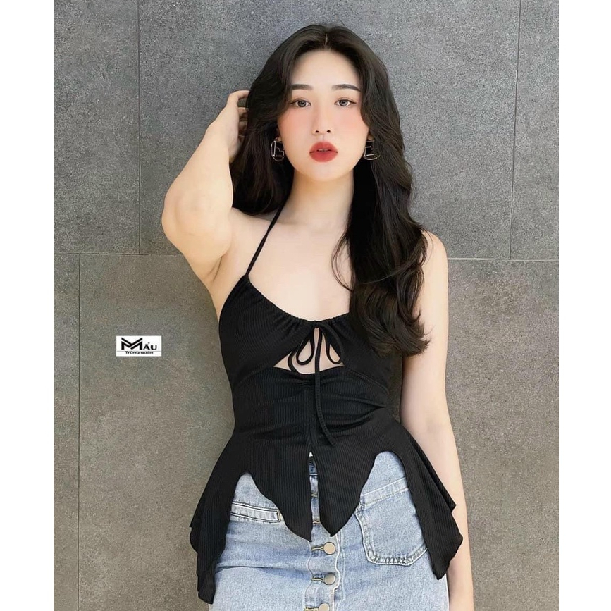 Áo croptop nữ kiểu áo crt ôm body cổ yếm dây kiểu hở lưng khoét ngực chất liệu thun gân co giãn có mút AmimiShop