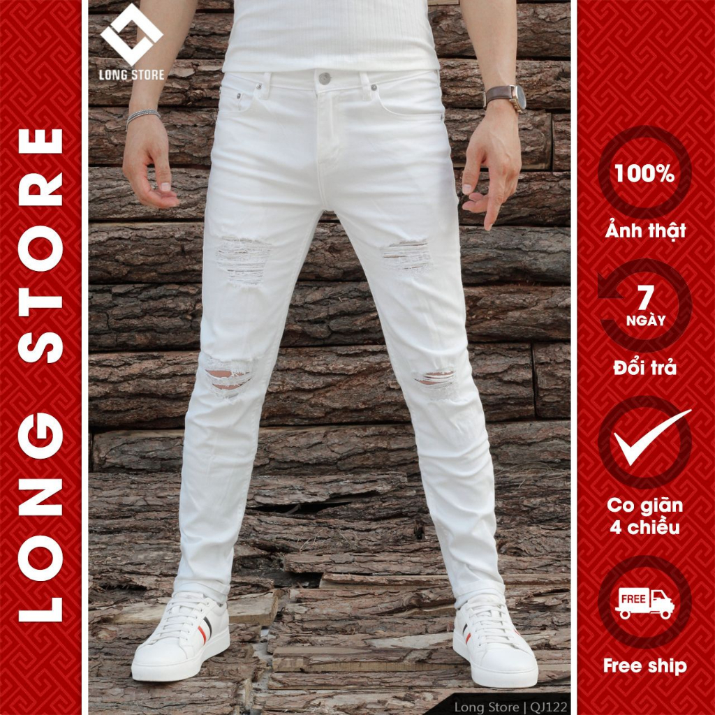 Quần jean nam trắng trơn rách cao cấp Snowy Rebel dáng ôm skinny chất bò co giãn cực đẹp LONGARES QJ122
