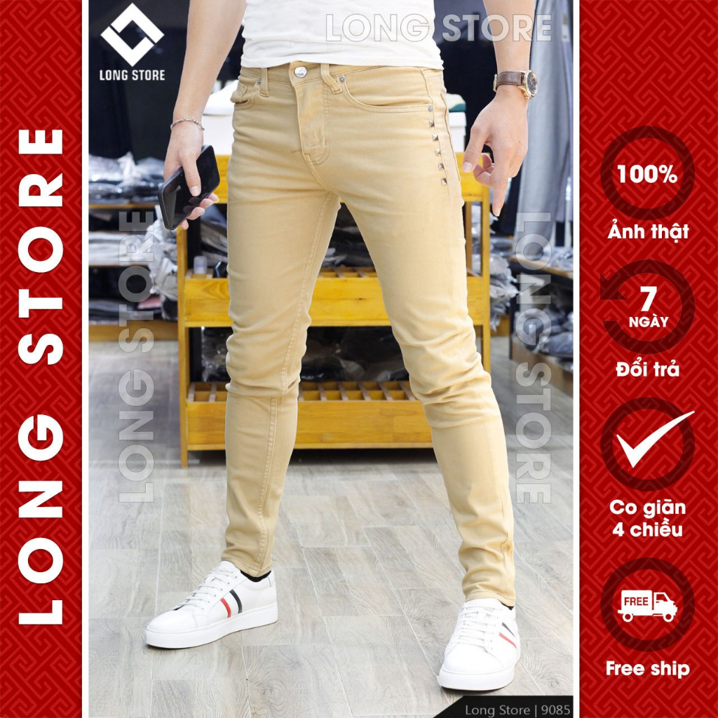 Quần jean nam đính đinh tán màu vàng cát Classic Warrior Khakis dáng ôm skinny chất bò co giãn LONGARES 9085