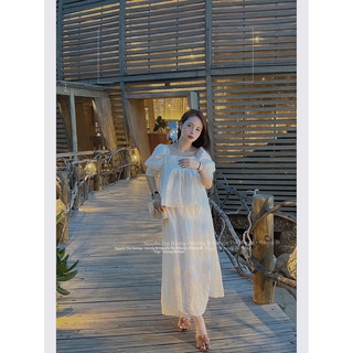 Set áo babydoll mix chân váy midi thô thêu hàng L1
