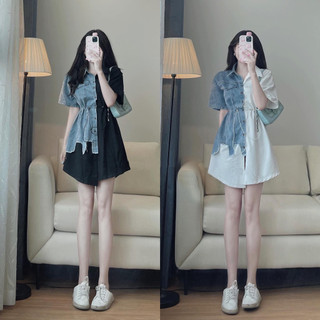 Xả kho_ váy sơ mi cúc bấm phối bò rút eo đầm sơ mi phối jean túi rua