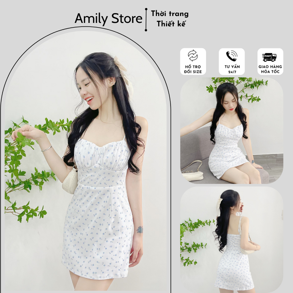 Váy 2 dây ôm body màu trắng họa tiết hoa xanh chất liệu thun tăm mềm mại co giãn kiểu dáng Hàn Quốc Amily Store V001