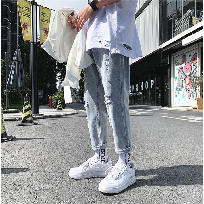 Quần jeans baggy nam rách gối màu xanh nhạt ống suông rộng hà nội hcm 049 Pon.mens freeship hà nội hcm