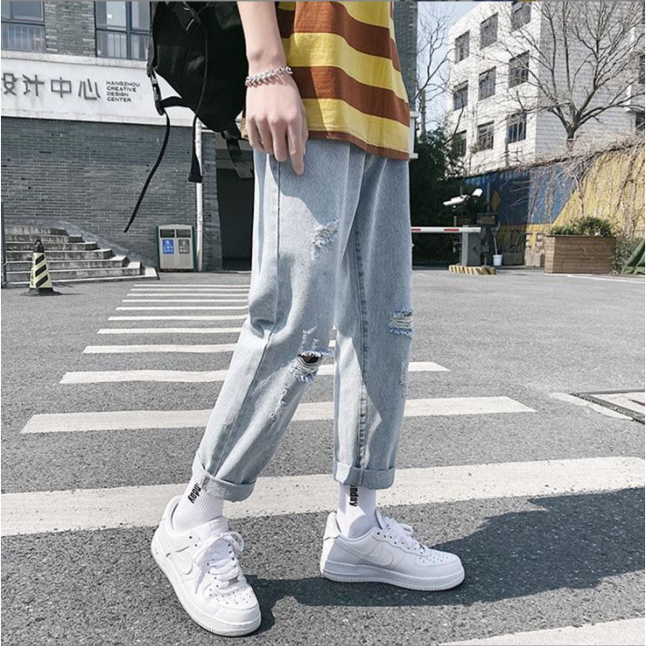 Quần jeans baggy nam rách gối màu xanh nhạt ống suông rộng hà nội hcm 049 Pon.mens freeship hà nội hcm