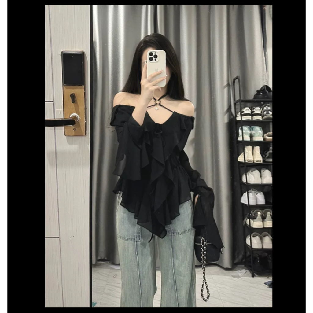 Aó nữ thiết kế phối khoen tay loe siêu sang chảnh