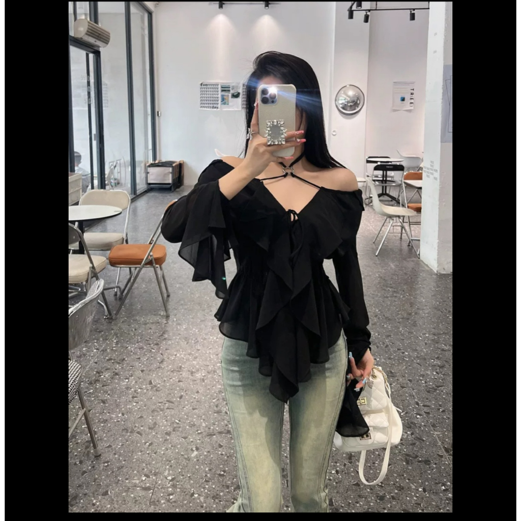 Aó nữ thiết kế phối khoen tay loe siêu sang chảnh