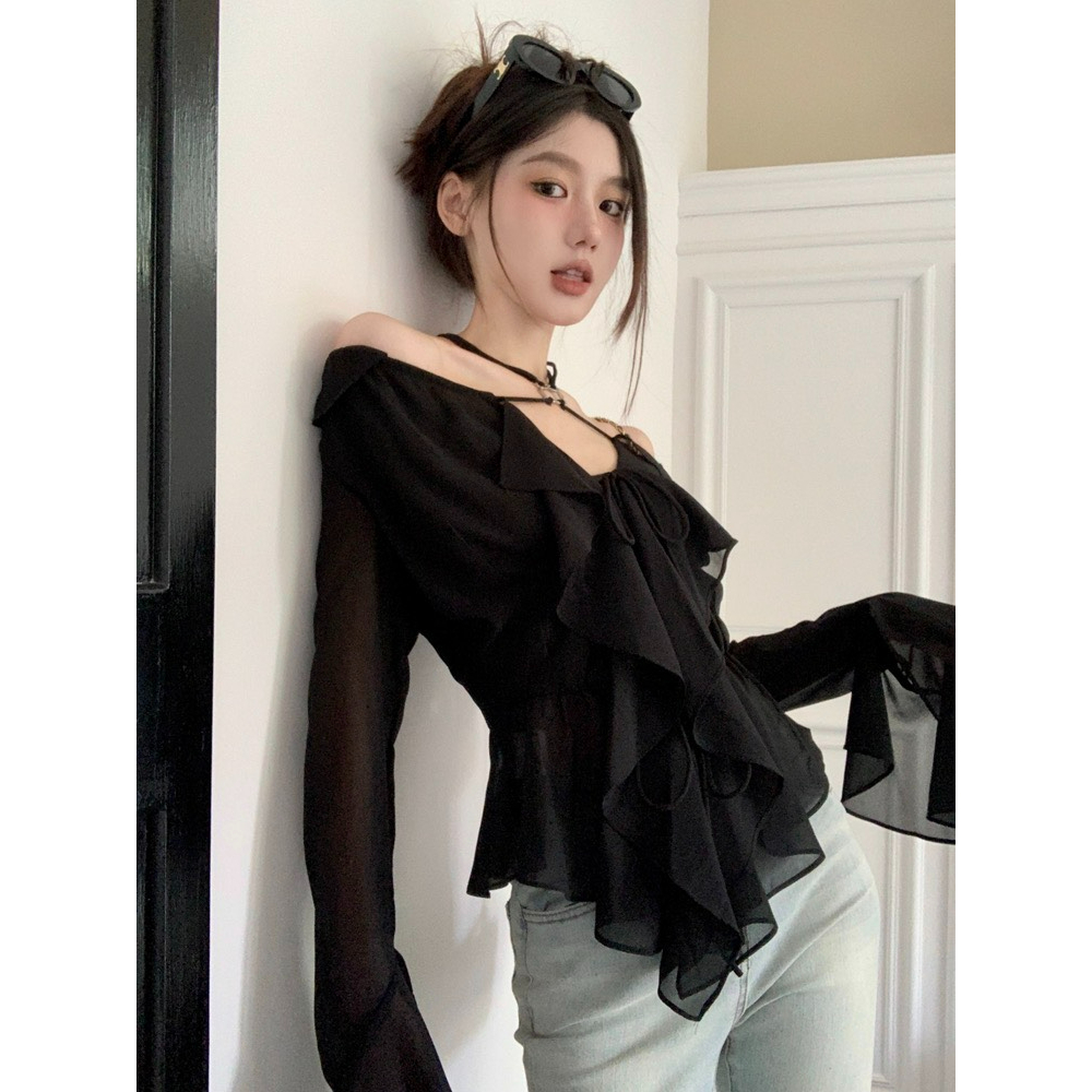 Aó nữ thiết kế phối khoen tay loe siêu sang chảnh