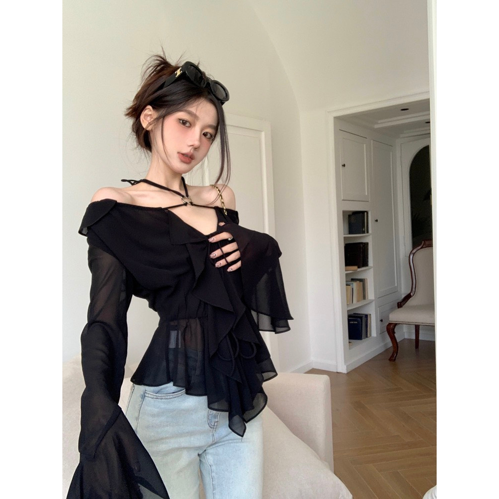 Aó nữ thiết kế phối khoen tay loe siêu sang chảnh