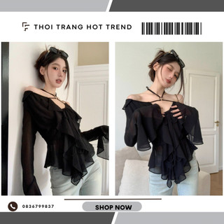 Aó nữ thiết kế phối khoen tay loe siêu sang chảnh th121