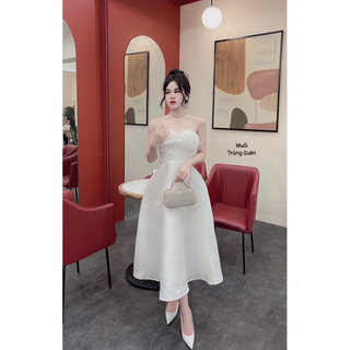 Đầm maxi dáng xoè cúp ngực phối lông Datasco