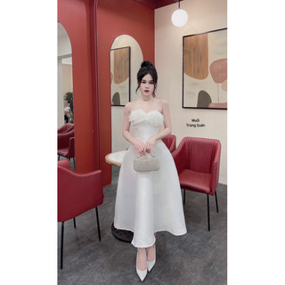 Đầm maxi dáng xoè cúp ngực phối lông Datasco