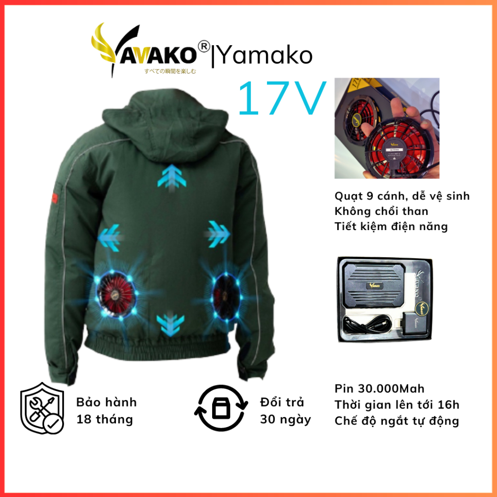 Áo điều hoà Yamako bán rời,Áo Quạt điều hòa Nhật Bản XANH RÊU VUA BẢO HỘ, Áo bảo hộ lao động, bảo hành 18 tháng