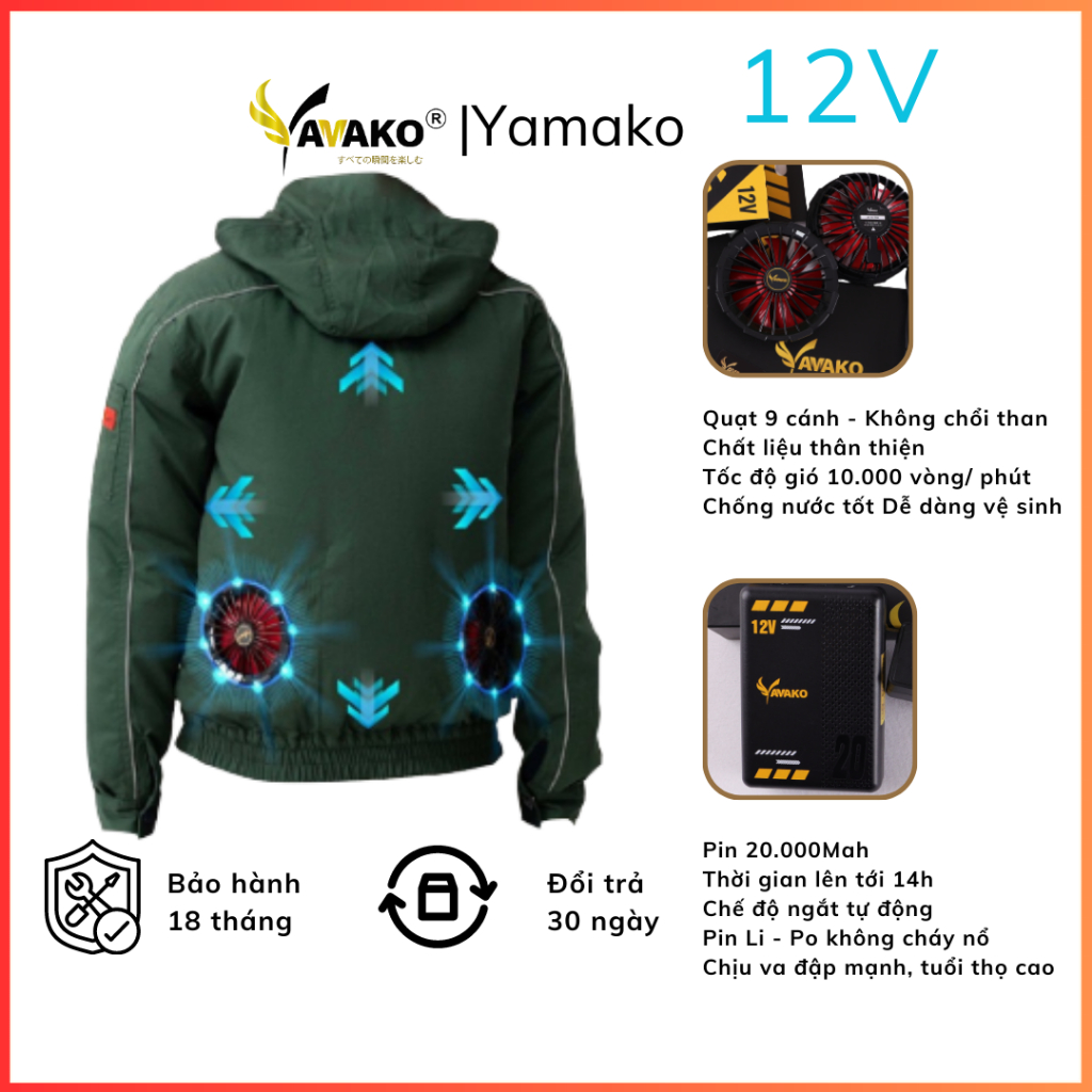 Áo điều hoà Yamako bán rời,Áo Quạt điều hòa Nhật Bản XANH RÊU VUA BẢO HỘ, Áo bảo hộ lao động, bảo hành 18 tháng