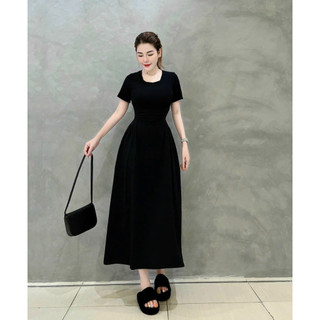 Váy maxi thun gân tay cộc dáng xòe from dài,váy đầm nữ màu đen trơn dáng dài
