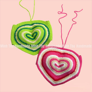 [Minh Thư Handmade] Áo Croptop Len Móc PINK HEART - Áo Hai Dây Họa Tiết Trái Tim Crochet Thủ Công Sexy Y2K (Sẵn HCM)