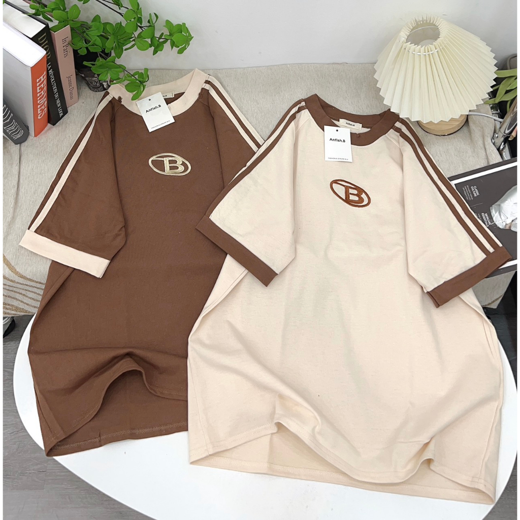 Áo Thun tay lỡ Chất Cotton Kẻ Sọc Thêu Chữ B Khô Thấm Hút Mồ Hôi phong cách Hàn Quốc, áo chữ b