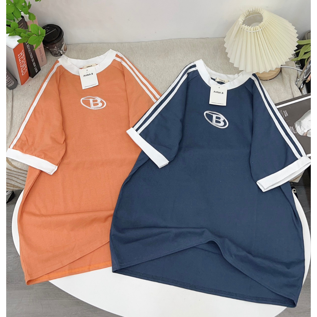 Áo Thun tay lỡ Chất Cotton Kẻ Sọc Thêu Chữ B Khô Thấm Hút Mồ Hôi phong cách Hàn Quốc, áo chữ b