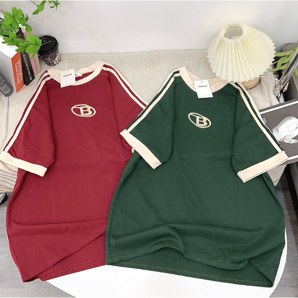 Áo Thun tay lỡ Chất Cotton Kẻ Sọc Thêu Chữ B Khô Thấm Hút Mồ Hôi phong cách Hàn Quốc, áo chữ b