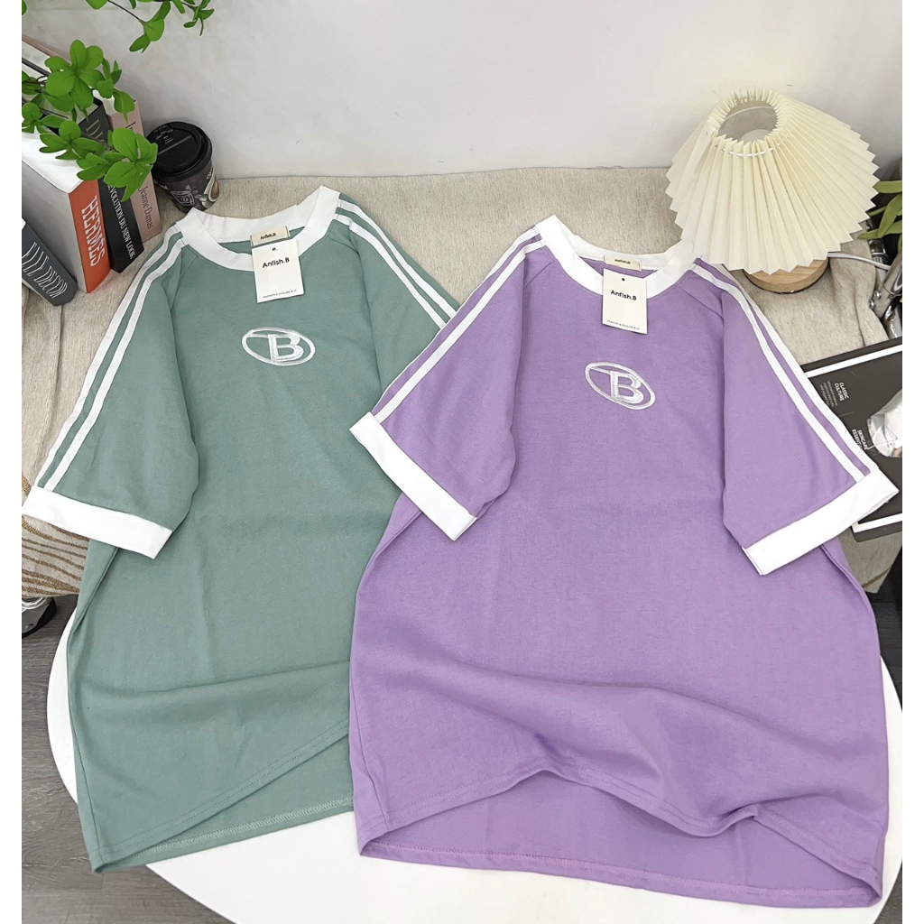 Áo Thun tay lỡ Chất Cotton Kẻ Sọc Thêu Chữ B Khô Thấm Hút Mồ Hôi phong cách Hàn Quốc, áo chữ b