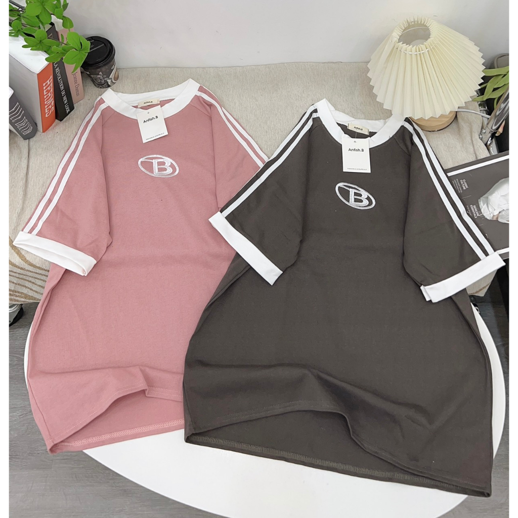 Áo Thun tay lỡ Chất Cotton Kẻ Sọc Thêu Chữ B Khô Thấm Hút Mồ Hôi phong cách Hàn Quốc, áo chữ b