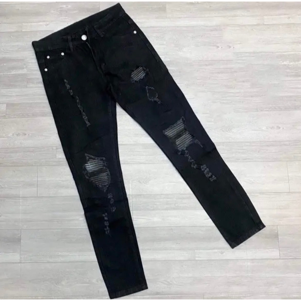 Quần jean nam màu đen rách có vá da quần bò mẫu mới siêu hot ts09