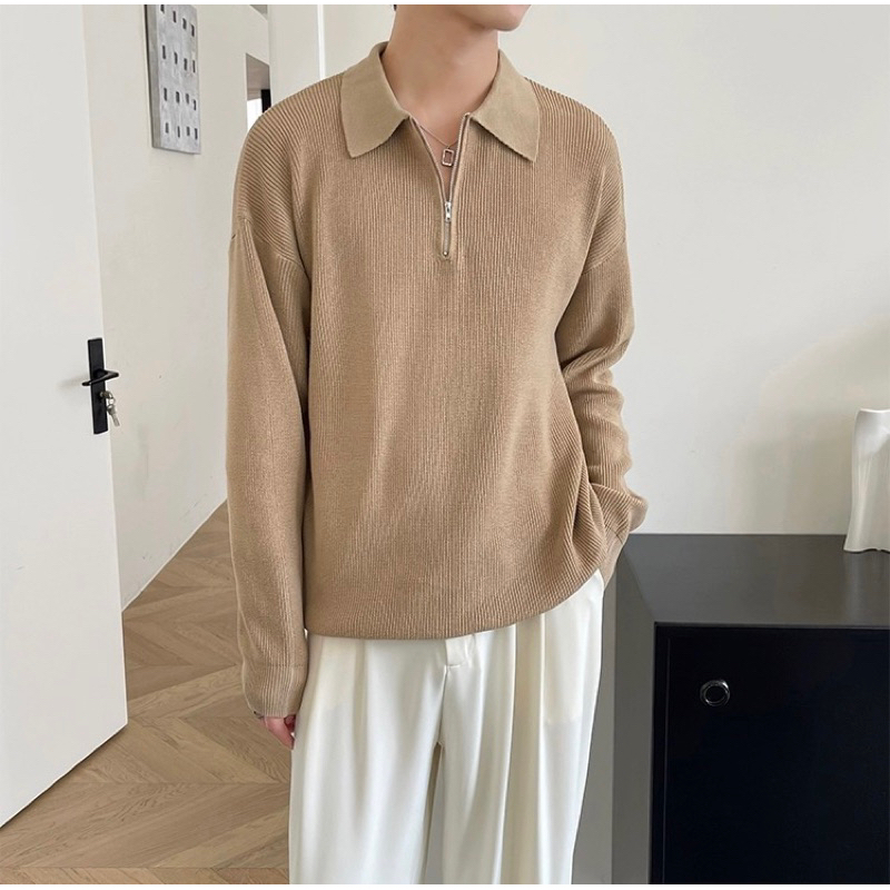 > Áo sweater tay dài cổ V kiểu polo phong cách Hàn quốc dành cho nam mùa thu