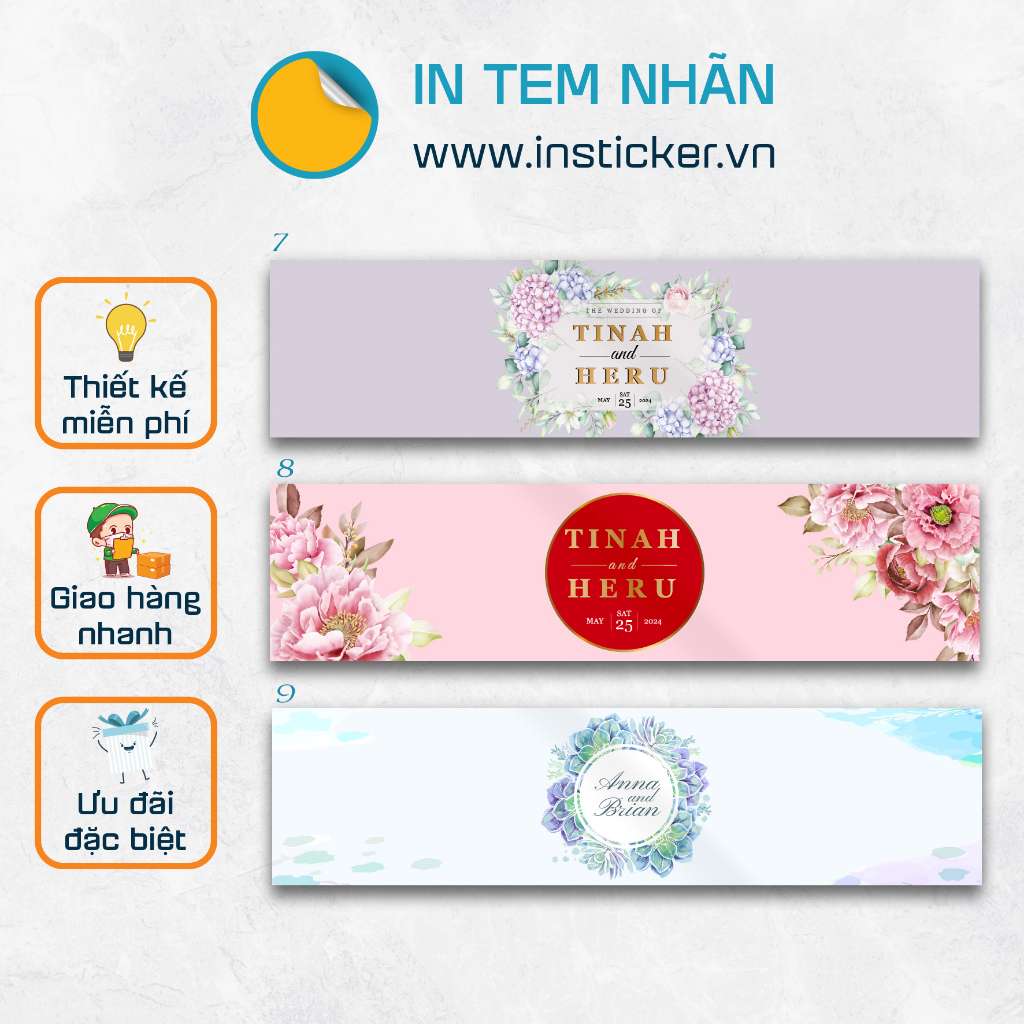 Tem nhãn chai nước suối trang trí đám cưới, có keo dán sẵn, thiết kế theo yêu cầu