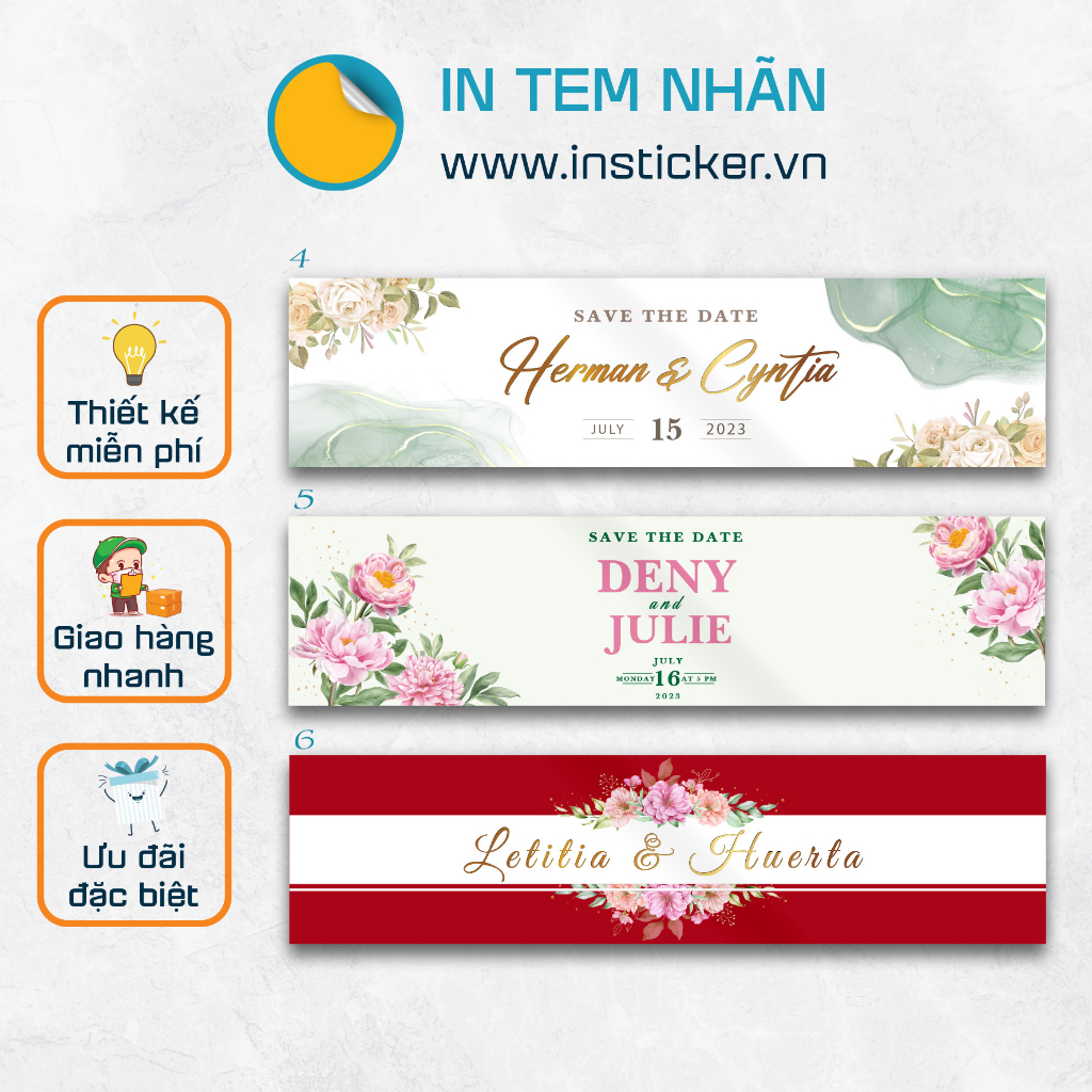 Tem nhãn chai nước suối trang trí đám cưới, có keo dán sẵn, thiết kế theo yêu cầu