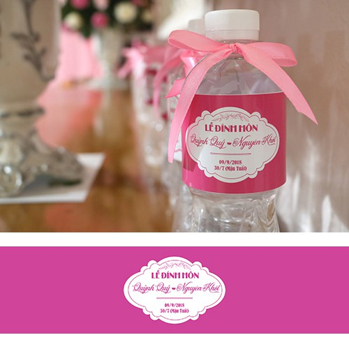 Tem nhãn chai nước suối trang trí đám cưới, có keo dán sẵn, thiết kế theo yêu cầu