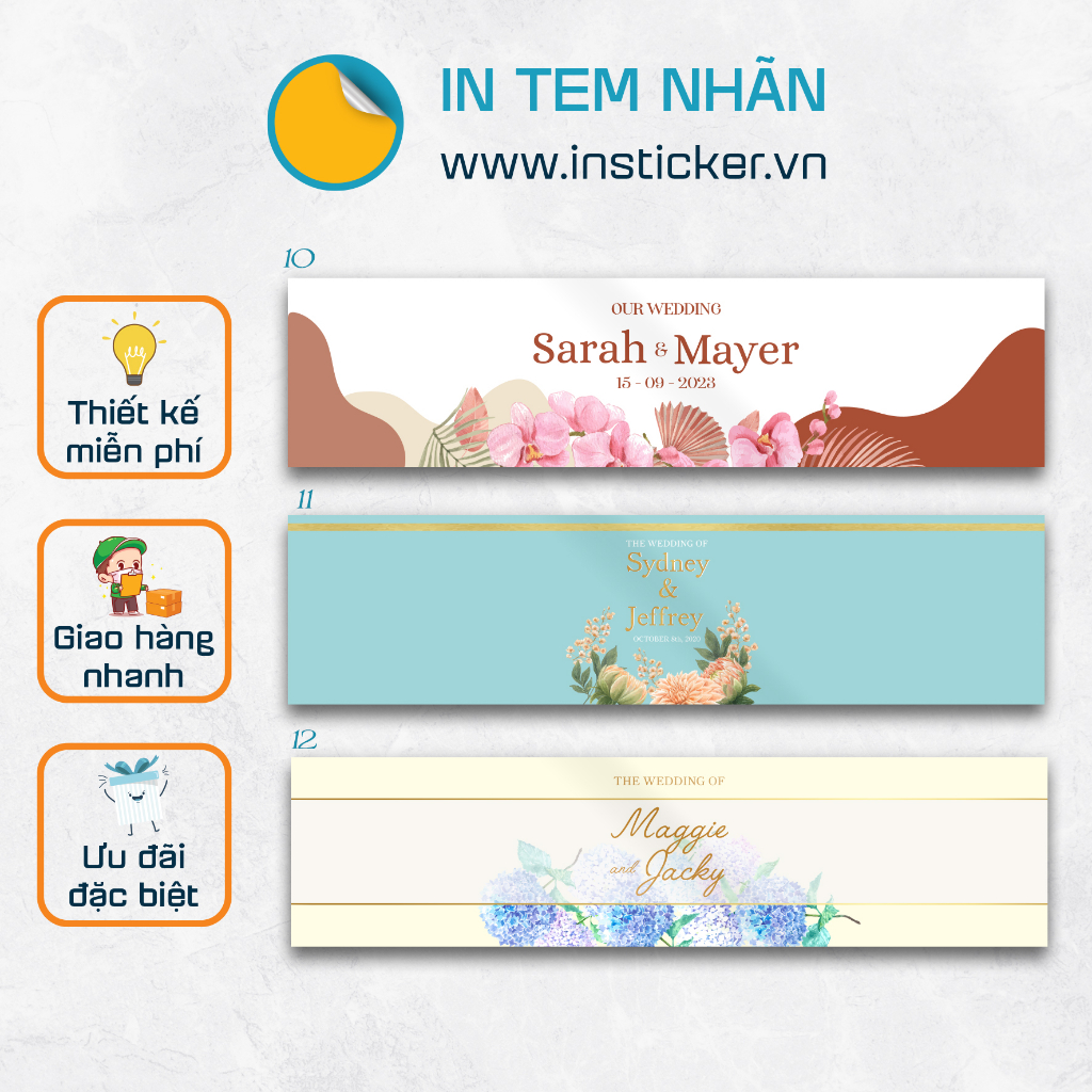 Tem nhãn chai nước suối trang trí đám cưới, có keo dán sẵn, thiết kế theo yêu cầu