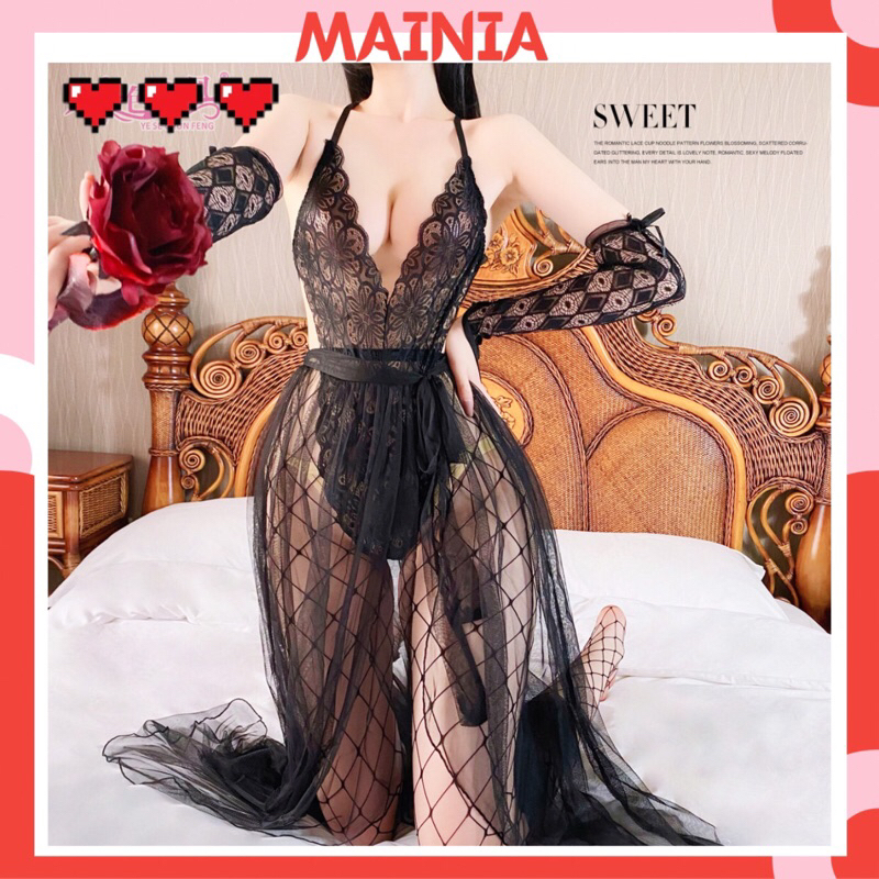 Bộ Jum Ren Hoa Kèm Váy Choàng Ren Xẻ Tà Cột Dây Siêu Sexy Gợi Cảm 5082