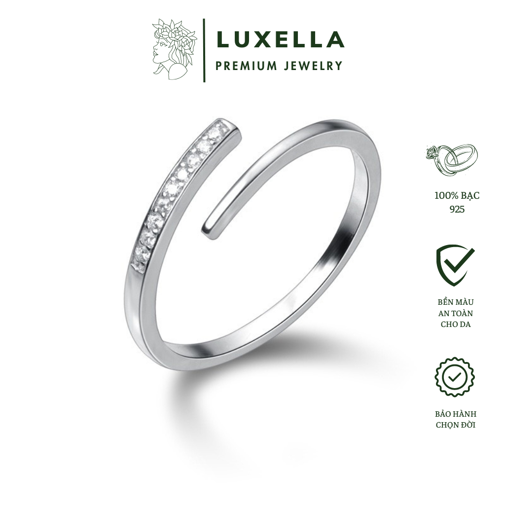 Nhẫn bạc nữ đính đá dạng mở có thể điều chỉnh LUXELLA JEWELRY Lux011