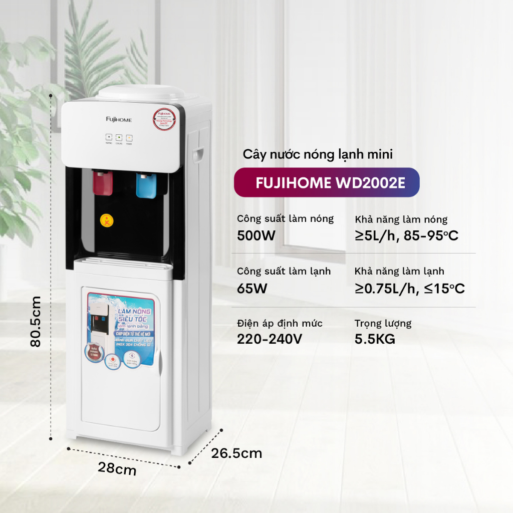 Cây nước nóng lạnh Nhập Khẩu Fujie WD1105E, bình lọc máy lọc nước nóng lạnh tự ngắt mini uống công nghệ Nhật Bản