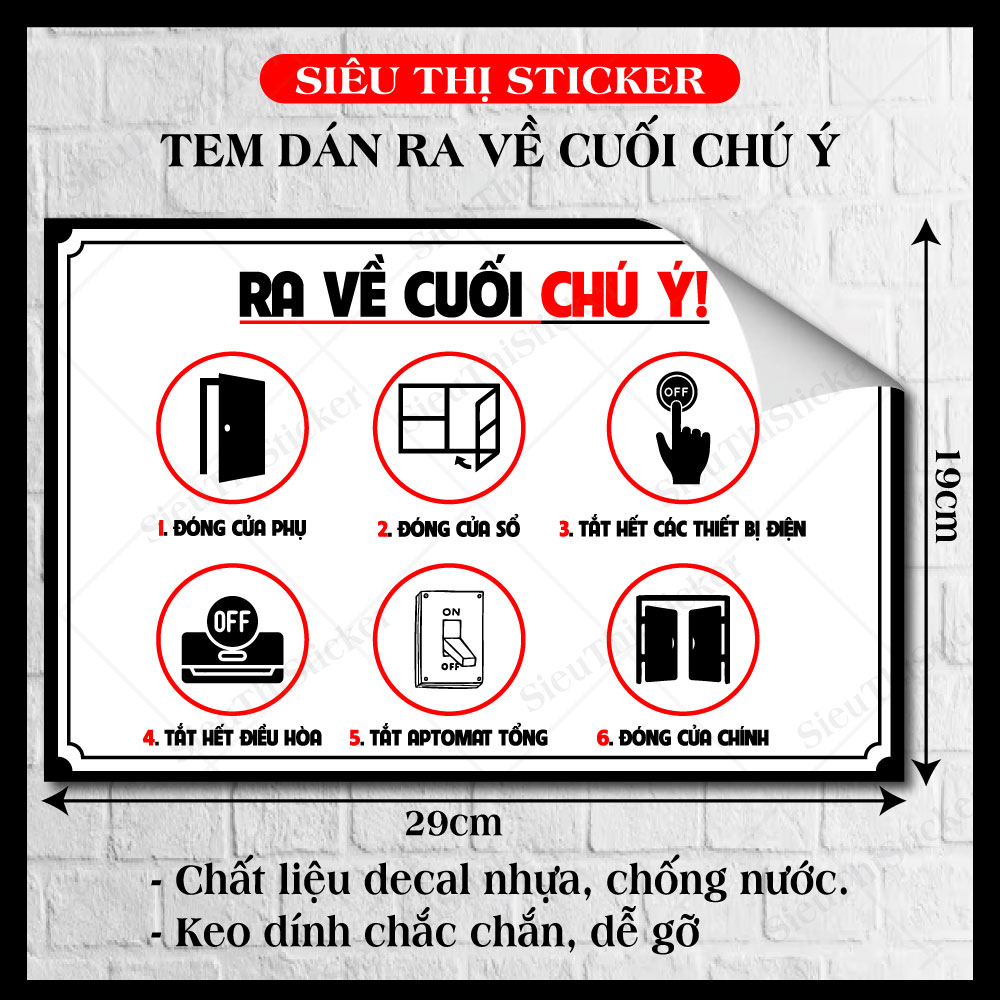 Decal/ Bảng Nhắc Nhở Trước Khi Ra Về, Ra Về Cuối Chú Ý, Biển Lưu Ý Cho Nhân Viên