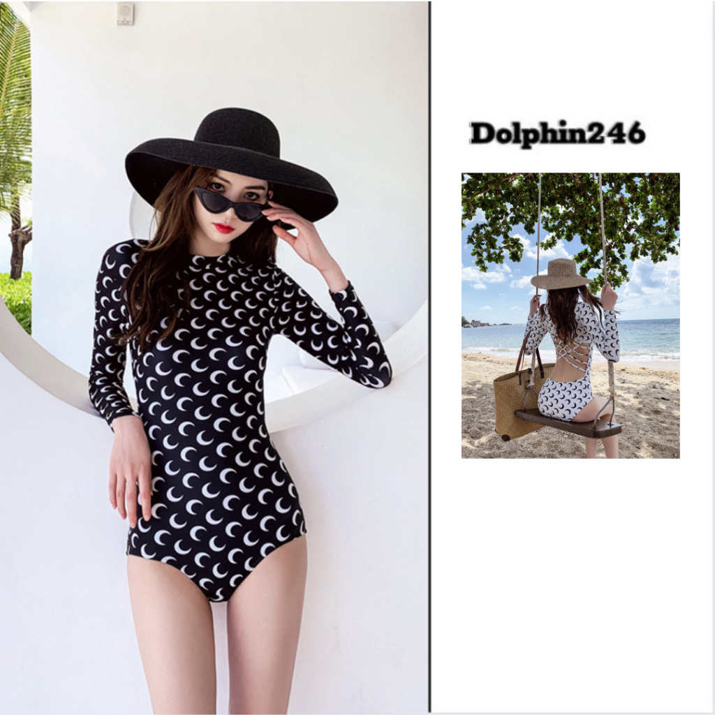 Bikini liền thân 1 mảnh đồ bơi đi biển cho nữ dài tay họa tiết mặt trăng xinh xắn hở lưng sexy tôn dáng 2402 A-5.1