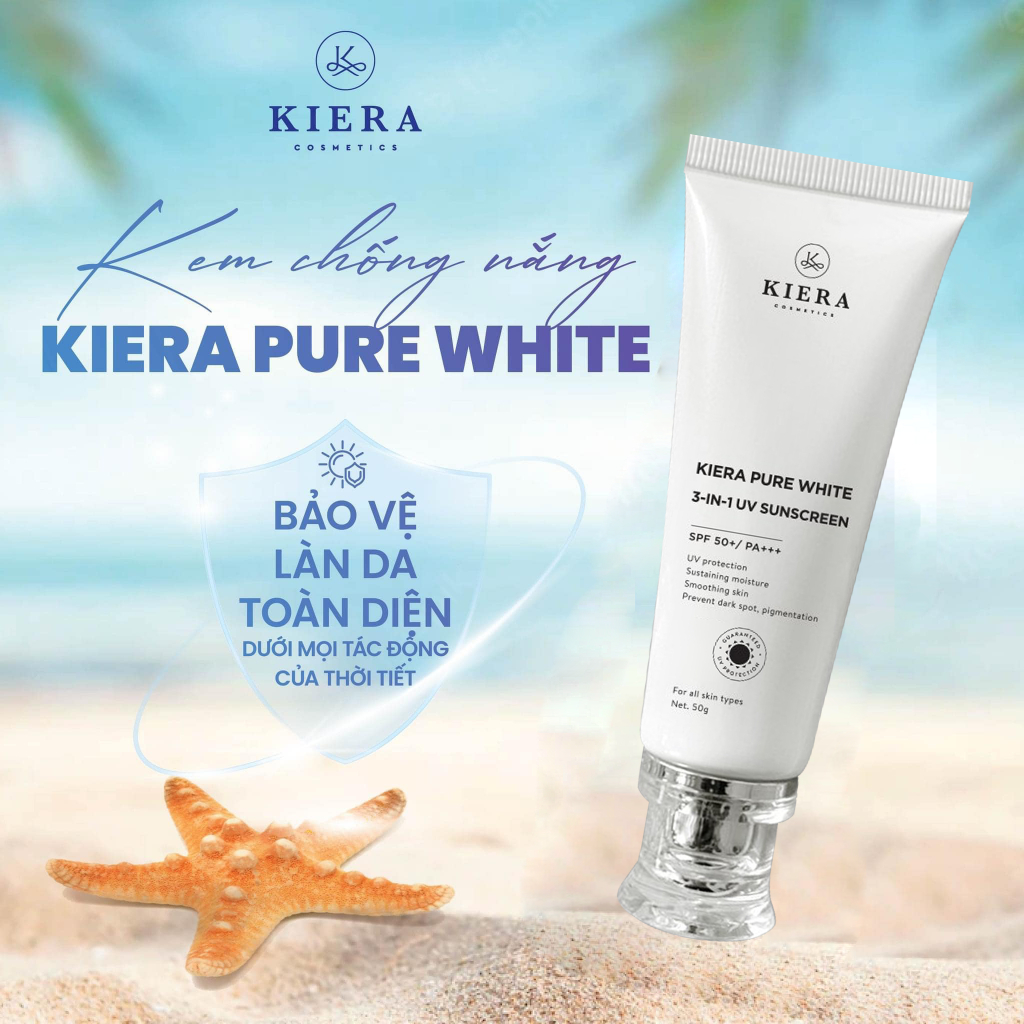 Kem chống nắng phổ rộng Kiera Pure White 3 in 1 ngăn lão hoá da, kiểm soát dầu nhờn, thay kem lót