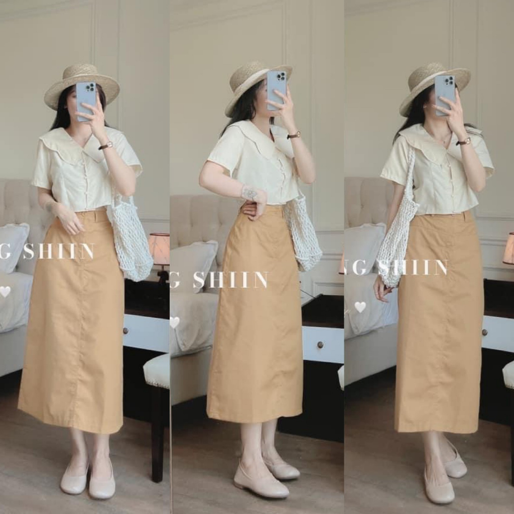 Set bộ đồ nữ áo kiểu vạt bèo croptop mix chân váy suông dáng dài với tone màu nhẹ nhàng, bánh bèo dành cho các nàng