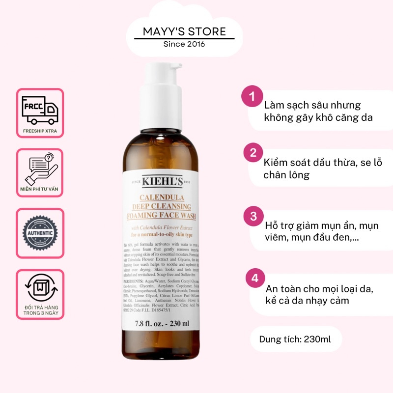 Sữa rửa mặt hoa cúc Kiehl’s Calendula Deep Cleansing Foaming giảm mụn, dầu thừa 230ml (authen)