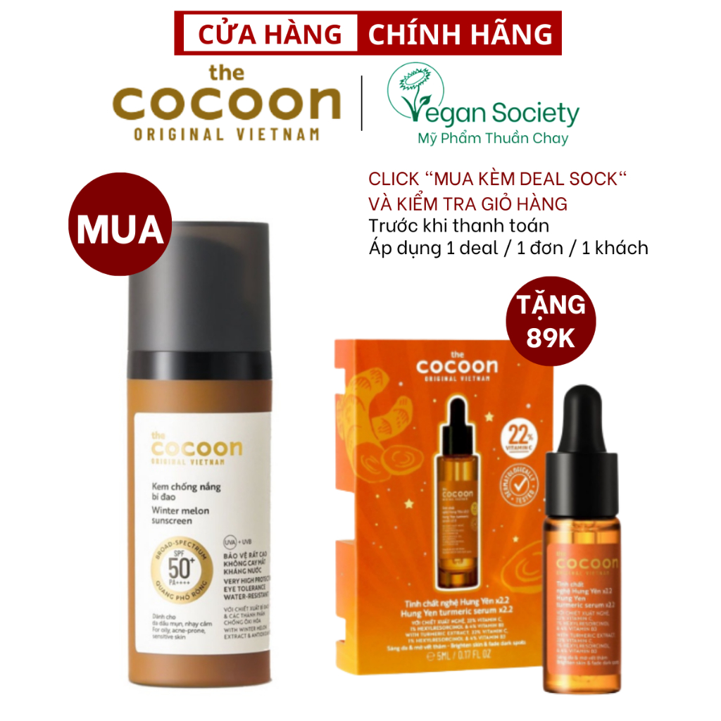 Kem chống nắng bí đao quang phổ rộng, bảo vệ rất cao SPF 50 +, PA ++++ Cocoon 50ml