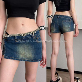 Chân váy jean ngắn dáng quần giả váy cạp thấp tua rua màu xanh đậm loang phong cách y2k CVTR001 - Tiktik