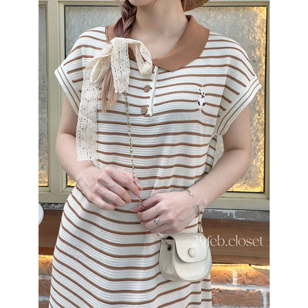 29feb.closet Váy xinh polo thêu hình thỏ phối viền kẻ ngang chất len mongtoghi dáng suông dài - V122